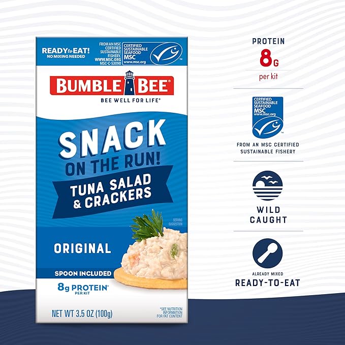 Bumble Bee Snack On The Run Original Tuna Salad with Crackers Kit (Pack of 3) - Ready to Eat Protein Snack Pack - 8g Protein per Box - Wild Caught MSC Certified Tuna
